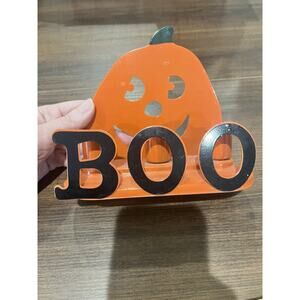 Orange Metal Taper Candle Stick Holder Halloween Decor Pumpkin BOO